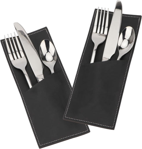 Leather Cutlery Sleeve Utensil Holders Pouch Bags Knife and Fork Silverware Sleeves for Mother's Day Valentine's Day Table Decorations 2 Pcs(Black...