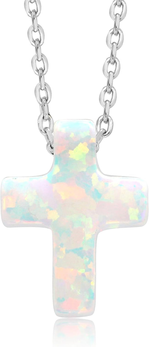 Gem Stone King Unisex 12MM Created Opal Cross Pendant Necklace | 925 Sterling Silver | With 18 Inch Silver Chain...