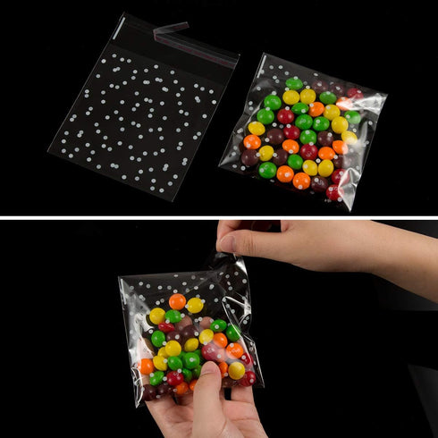400PCS White Polka Dot Treat Bags Set Self Adhesive Candy Cookie Bags Set, 200 Cellophane Bags + 200 Thank You Sticker for Bakery Biscuit Chocolat...