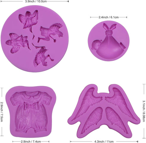 Baby Shower Cake Decor Chocolate Silicone Molds, Angel Wings Fondant Mold for Baking Cupckae Toppers, Baby Birthday Candy Resin Set of 4...