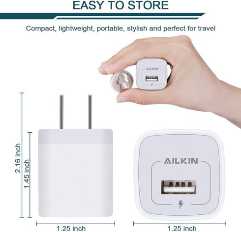 USB Charger Cube, Wall Charger Plug, AILKIN 1A 1-Port USB Power Adapter Charging Station Box for Apple iPhone AC Cargardor Wall Outlet Multi 5 Pac...