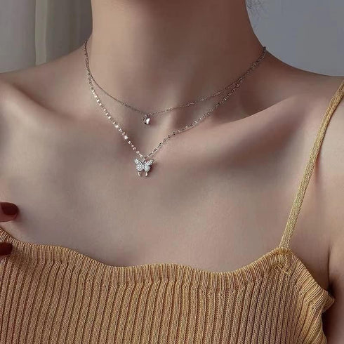 Pingyongchang Bohemian Butterfly Pendant Necklace Choker Silver Layered Crystal Choker Necklace Layered Lace Chain Rhinestone Necklace Insect Chai...
