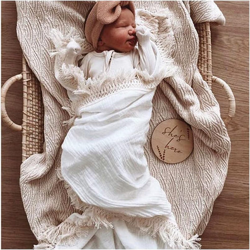 Cotton Muslin Baby Blanket with Tassel?Large 47" x 47" Baby Receiving Blanket with Fringe, Boho Muslin Swaddle Blanket with Fringe, Nursery Decor ...