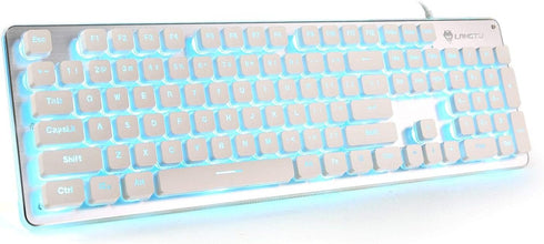 LANGTU LED Computer Keyboard, USB Wired Keyboard for Gaming and Office, All-Metal Panel 104 Keys Quiet Membrane Keyboard with Blue Backlit - L2 Wh...