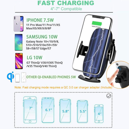 Wireless Car Charger, 10W Car Smart Sensor Wireless Charger Phone Holder for iPhone12 11/ Pro/XS/XR/ 8 Plus, Samsung S10 /S9 / Note10 / Note9, etc...