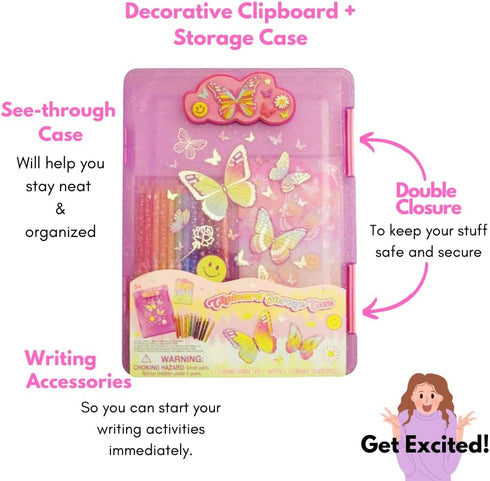 Kids Clipboard Storage Case – Cute Butterfly Design Pink Clip Board – Girls Set with 12 Erasable Colored Pencils, Pad and Stickers – Fits 8.5x11 S...
