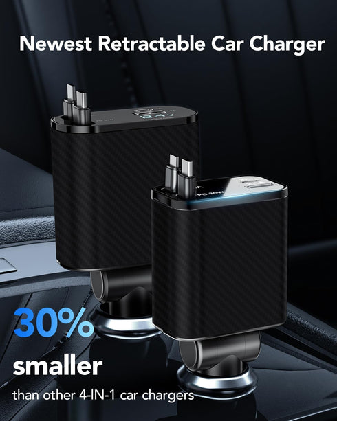 HATALKIN Retractable Car Charger 4 in 1, 69W Fast Car Phone Charger, 2 Retractable Cables and USB C Car Charger, Car Charger Adapter for iPhone 16...