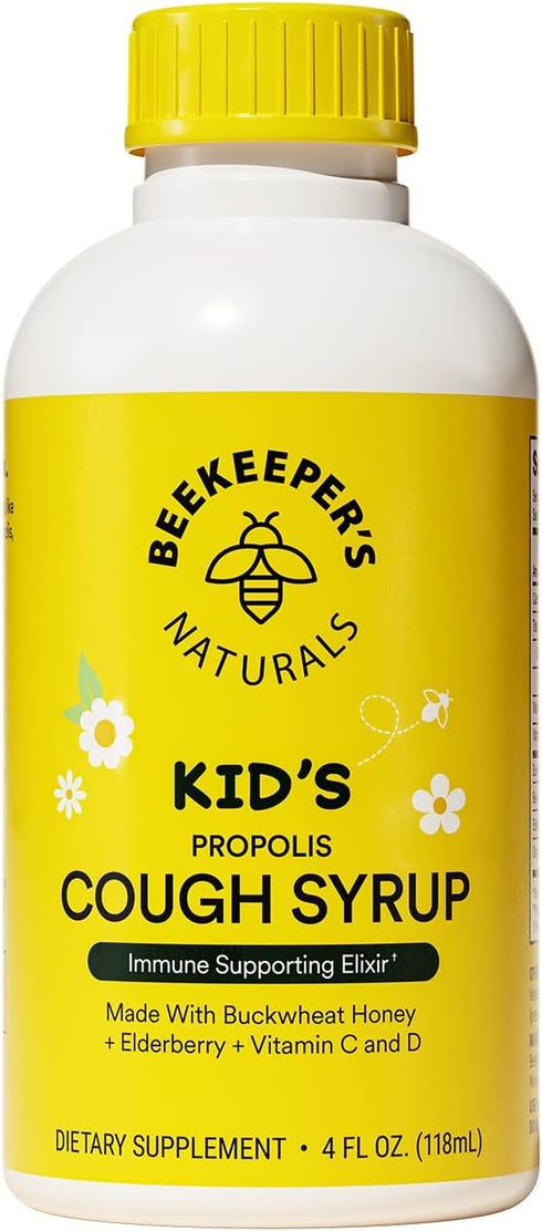 Beekeeper's Naturals Propolis Honey Cough Syrup Daytime for Kids Immune Support with Elderberry, Vitamin C, Vitamin D & Raw Honey - Throat Soothin...