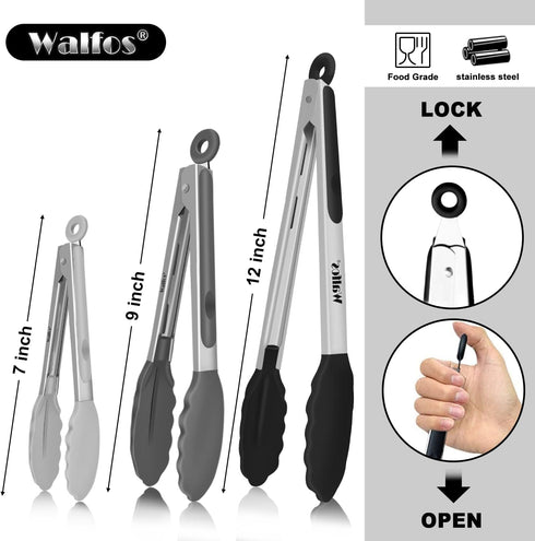 Walfos Silicone Tongs for Cooking - Heat Resistant Kitchen Tongs Set of 3 for Cooking, Grilling, Turning, Stainless Steel and BPA Free Silicone Ti...