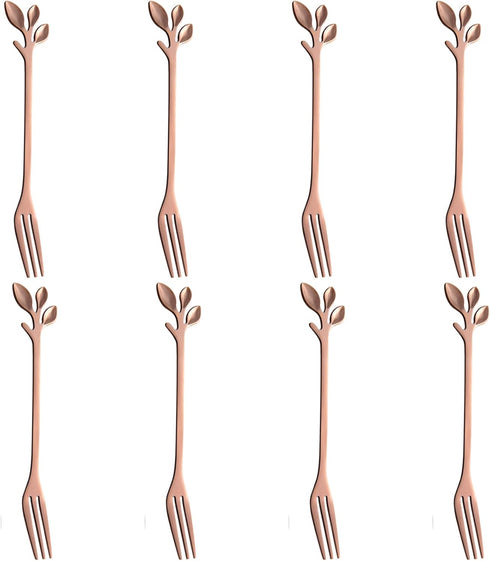 AnSaw 8-Pc Rose Gold Mini Leaf Fruit Forks Set - 4.7" Elegant Stainless Steel Dessert, Appetizer, Cake & Salad Forks - Perfect for Cocktail Partie...