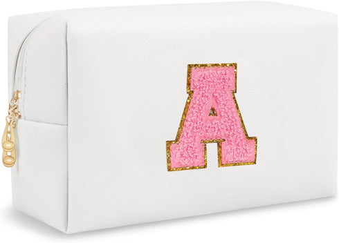 Preppy Makeup Bag, Cute Initial Cosmetic Bag Personalized Travel Makeup Pouch with Chenille Letters, Portable Waterproof PU Leather Zipper Toiletr...