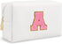 Preppy Makeup Bag, Cute Initial Cosmetic Bag Personalized Travel Makeup Pouch with Chenille Letters, Portable Waterproof PU Leather Zipper Toiletr...