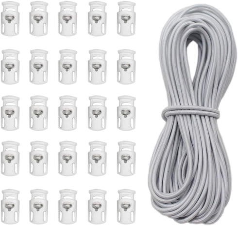 YaHoGa 25 pcs Cord Locks Spring Toggle Stopper + 10 Yards 1/8 Inch Cord Stretch String for Drawstring, Shoelaces, Clothing, Backpack, Bags (White)...