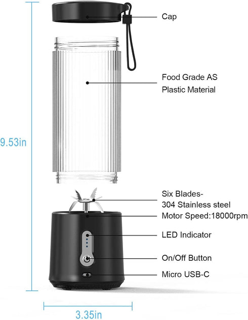Portable Personal Blender, 15.2Oz USB Rechargeable Portable Blender with 6 Blades, BPA-Free Portable Blender for Shakes and Smoothies, Travel Blen...