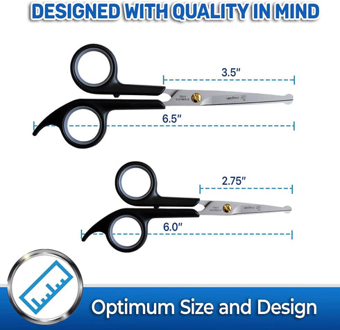Pet Magasin Japanese Stainless Steel Grooming Scissors (2) for Facial hair and Larger for Body Trimming with Round Tip - Black...
