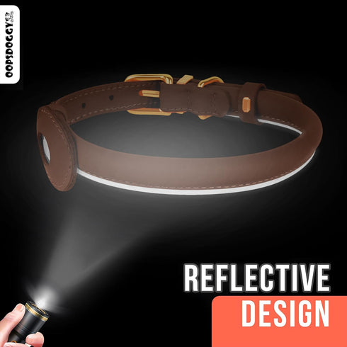 OOPSDOGGY Rolled Leather Dog Collar with Airtag Holder - Reflective Round Airtag Dog Collar - Soft Tracking Pet Collar for Small Dogs Puppy Cats K...
