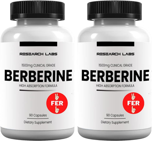 Research Labs 2 Fer 1 Ad - 1500mg Clinical Grade Berberine High Absorption Formula & BerberQuil™ Support. 180 Total Capsules...
