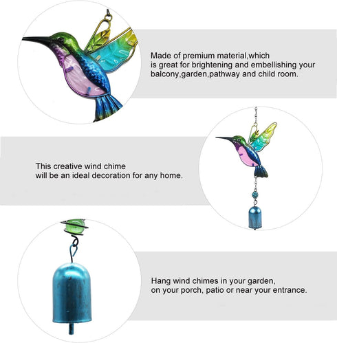 Wind Chimes Hummingbird, Garden Small Wind Chime for Home, Party, Festival Decor, Glass Garden Decoration Indoor/Outdoor, Lifelike Hummingbird Bel...
