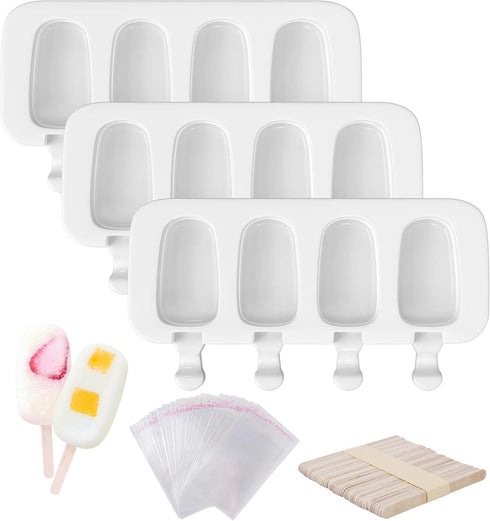 Popsicle Molds Set of 3, 12 Cavities Silicone Popsicle Molds & Ice Cake Pop Mold Maker Oval with 50 Wooden Sticks & 50 Self-adhesive Bags for DIY ...