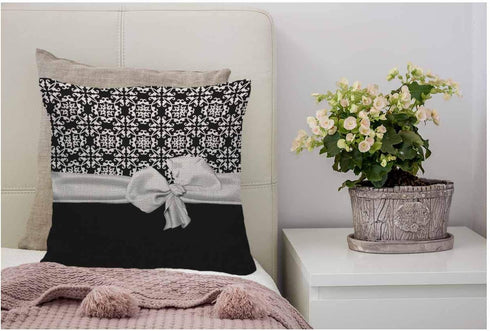 WONDERTIFY Throw Pillow Case Cover Stylish Black and White Euro Flower Pattern with Bow Soft Linen Pillow Case for Decorative Bedroom/Livingroom/S...
