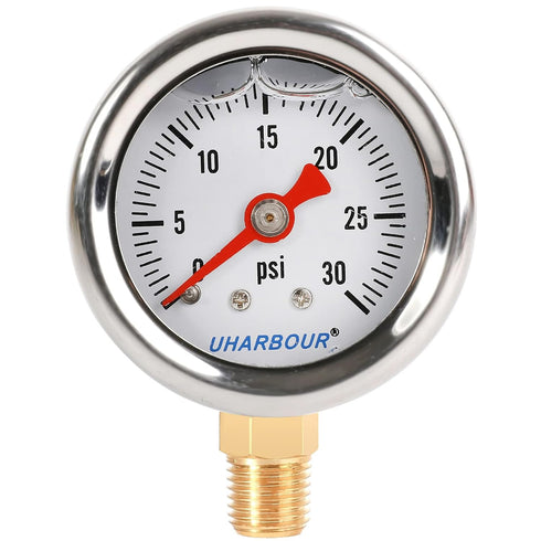 Glycerin Filled Pressure Gauge with 304 Stainless Steel Case, 1-1/2" Dial Size, 0-30Psi, High Accuracy, 1/8"NPT Center Lower Mount...