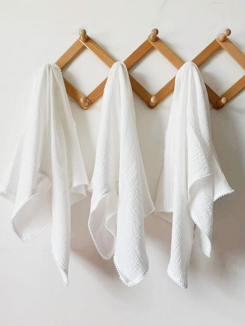 Cotton Muslin Pompom Baby Blanket,Summer Bed Sheet,Cotton Bath Towel Baby Receiving Blanket 29.5"x40" (White)...