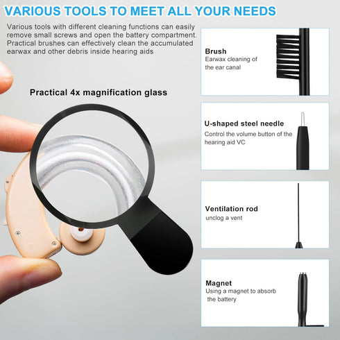 WXJ13 Hearing Aid Cleaning Kit, 13 Pieces, Includes Nylon Brushes, Magnifier, Ventilation Rod, Screwdriver, Case for Headphones, Earplugs, Mobile ...