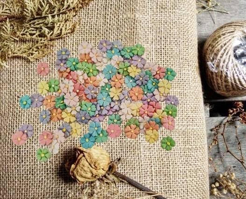 HukDok Mini Flowers with Thread Stem Mulberry Paper Flower Embellishment Card Craft Supplies Scrapbooking DIY Card Crafts Projects. (Pastel Tones)...