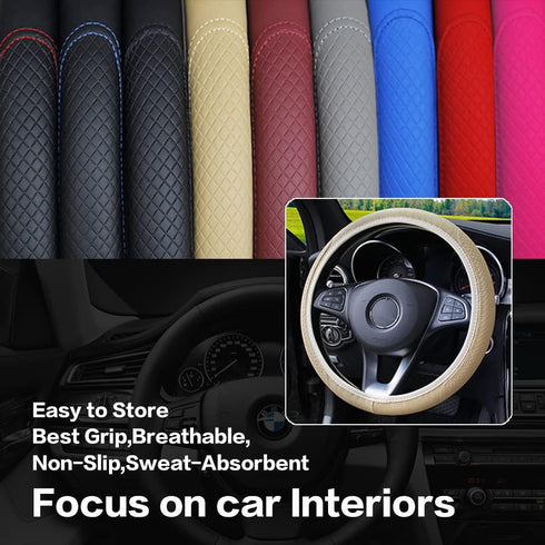 VARGTR Leather Car Steering Wheel Cover,Universal Fits15 Inch Steering Wheel,Breathable, Non-Slip,Elastic Steering Wheel Protector,Automotive Stee...