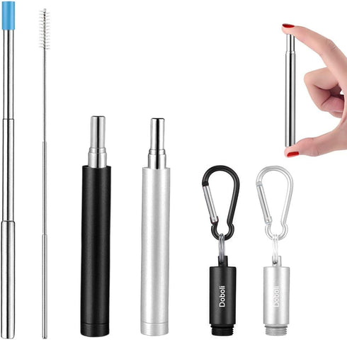 2 Pack Reusable Metal Straws Collapsible Stainless Steel Drinking Straw Travel Portable Telescopic Straw with Case,2 Cleaning Brushes Included Bla...