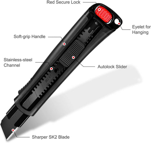 HAUTMEC 25mm Extra Heavy Duty Utility Knife with Double Lock Mechanism, Auto-Lock and Ratchet- Lock for Double Safety, SK2 Sharp Black Blade for I...