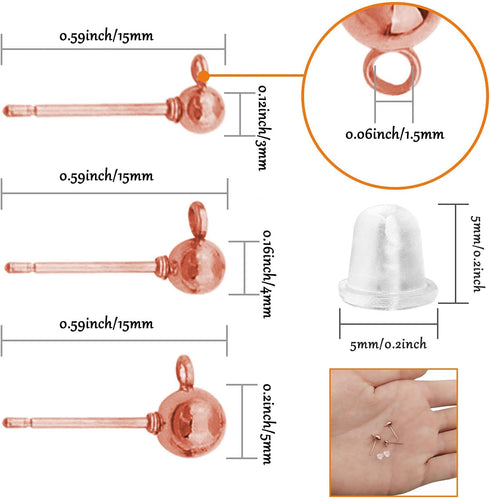 150Pcs Ball Post Earring Studs for Jewelry Making,3 Size Earrings Studs Ball Post Earrings with Loop with 200Pcs Clear Earring Backs Replacements ...