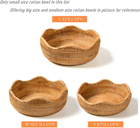 Handmade Rattan Round Fruit Basket Food Storage Bowls Kitchen Organizer Snack Serving Bowl Wavy Edge Circle Tray Basket, Boho Home Décor Display T...