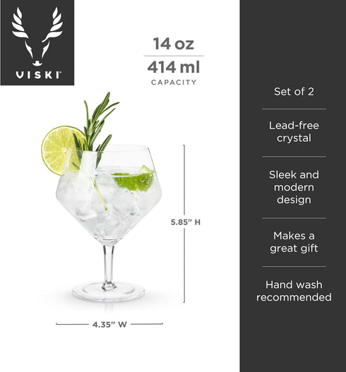 Viski Raye Angled Stemmed Gin and Tonic Glasses Set of 2 - Premium Crystal Clear Cocktail Gin Glasses for Gin Lovers Gift Set - 14oz...