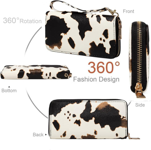 Cow Print Wallets for Women Cowhide Western Highland Purse Moteher's Day Gifts Ladies Zip Around Card Holder with Cluth Wristlet Strap (Brown cow)...