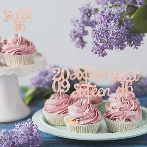 24 Pcs Sweet 16 Rose Gold Glitter Birthday Cupcake Toppers for 16th Birthday Celebrating Party Decorations (Rose gold)...