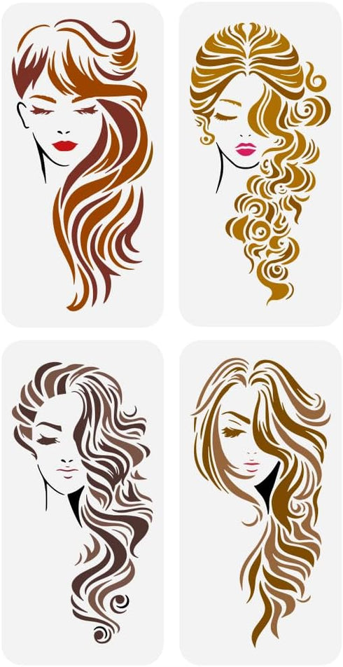 FINGERINSPIRE 4 Pcs Long Hair Woman Face Painting Large Stencil 11.8x5.9" PET Beautiful Girl Spraying Big Stencil Reusable Lady Line Art Face Wall...