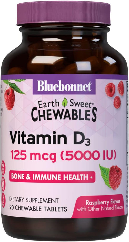 Bluebonnet Nutrition Earth Sweet Vitamin D3 5000 IU Chewable Tablets, Aids in Muscle & Skeletal Growth, Non GMO, Gluten & Soy & Milk Free, Kosher,...