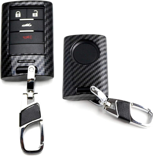 iJDMTOY Black Carbon Fiber Pattern Hard Plastic Shell Keyfob Protective & Keychain Compatible With Cadillac OEM 5923887 22756465, etc (ATS CTS DTS...