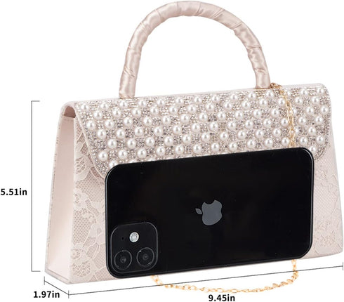 Pearl Clutch Bride Bag and Lace Eenvelope Purse for Women Evening Prom Clutch Handbags Beaded Wedding Purses for Women Formal Clutch Purse,Beige...
