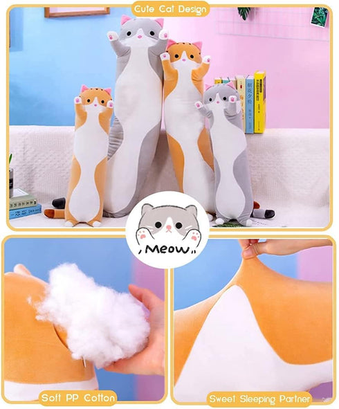 Cute Cat Plush Long Body Pillow Cuddle Cartoon Stuffed Animals Cat Plushie Soft Doll Pillows Gifts for Kids Girls (Orange, 27")...