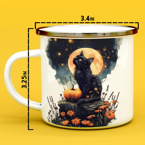 Mystical Black Cat Full Moon Enamel Camp Mug, Fall Halloween Spooky Nature Outdoor Camping Campfire Coffee Cup, Witchy Celestial Autumn Aesthetic ...