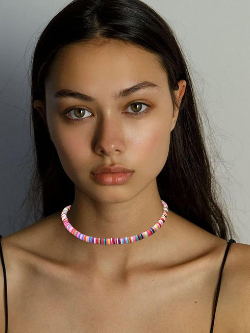 Fstrend Boho Heishi Surfer Choker Necklace Colorful Beads Vinyl Disc Lightweight Necklaces Summer Beach Puka Jewelry for Women and Girls...