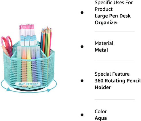 POPRUN Teal Desk Organizer, Desk Supplies and Accessories Organization,Spinning Pen/Pencil Organizer for Desk cute,Rotating Pen/Pencil Holder, for...