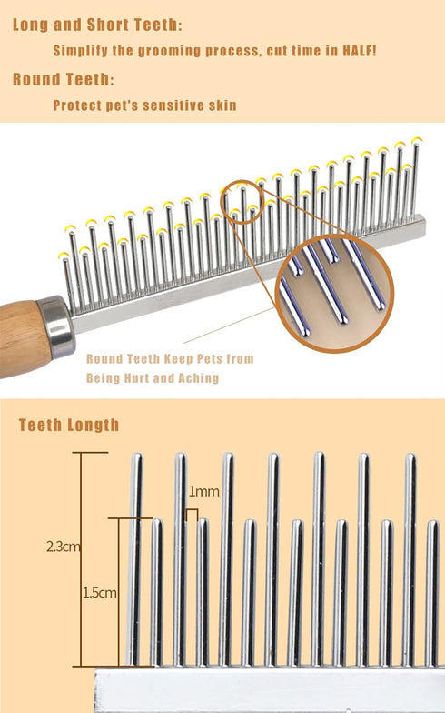Dog Cat Comb Grooming Comb with Wooden Handle Stainless Steel Teeth, Dog Cat Grooming Supplies Accessories Perfect for Honghair Hairy Pets (Dual T...