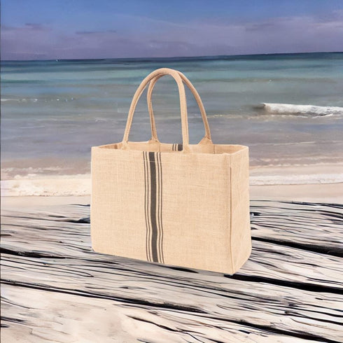 KAF Home Jute Market Tote Bag with Handles, Triple Stripe...