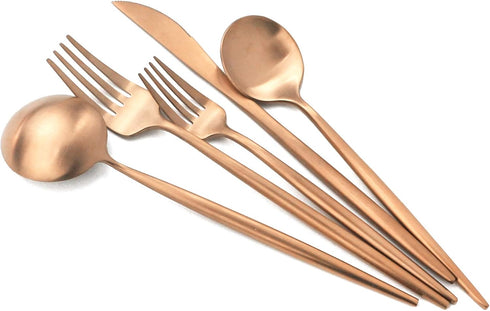 Copper Gold Flatware, Royal 5 Pieces Luxury Matte Finish 18/10 Stainless Steel Tableware Sets for 1 Including Forks Spoons Knives, Camping Silverw...