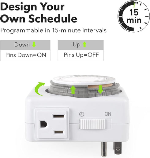 HBN Indoor Timers for Lamps,24 Hour Plug-in Mechanical Indoor Timer for Electrical Outlets,Dual Outlets,15 Minute Intervals,Light Timer for Indoor...