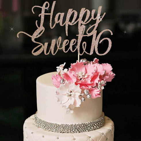 Happy Sweet 16 Cake Topper -Cheers to 16 Year - Happy 16th Birthday Cake Topper- Sweet Sixteen /16th Wedding Anniversary Party Decoration (Rose Go...