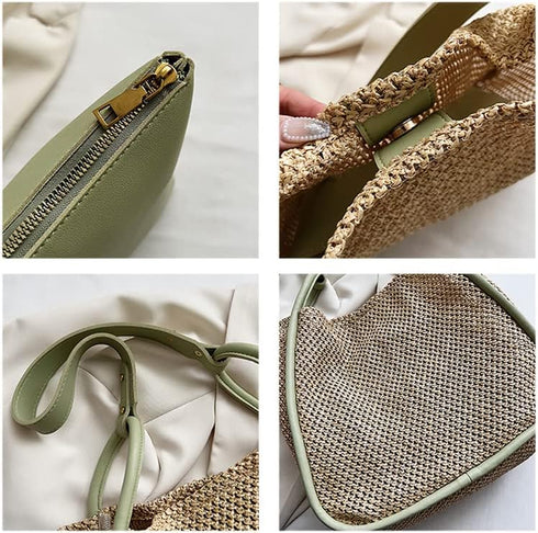 Women Faux Straw Bag Weave Tote Bag Summer Beach Bag Shoulder Bag Top Handle Bag Handbag 2 Pcs Set...